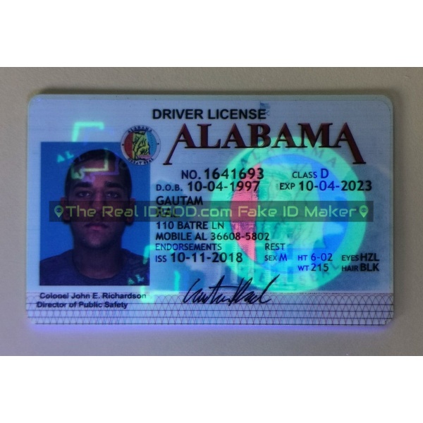 Alabama fake id card ultraviolet ink design under blacklight.