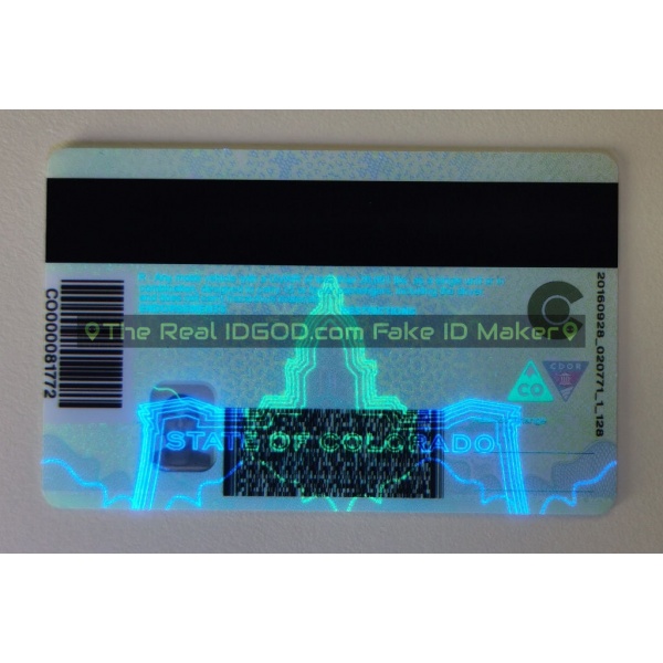 Colorado fake id card ultraviolet ink design under blacklight.
