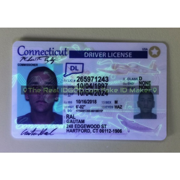 Connecticut fake id card ultraviolet ink design under blacklight