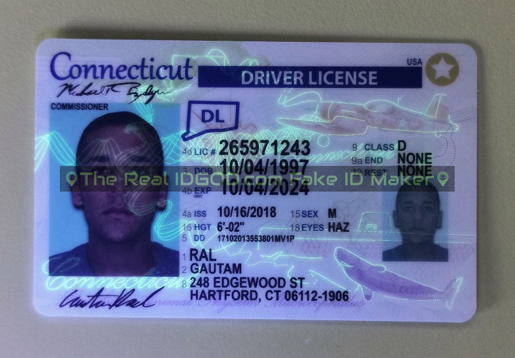 Connecticut fake id card ultraviolet ink design under blacklight