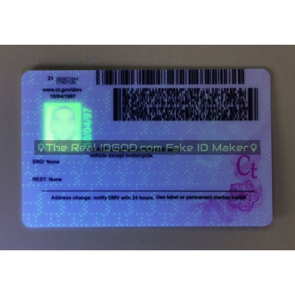 Connecticut fake id card ultraviolet ink design under blacklight.