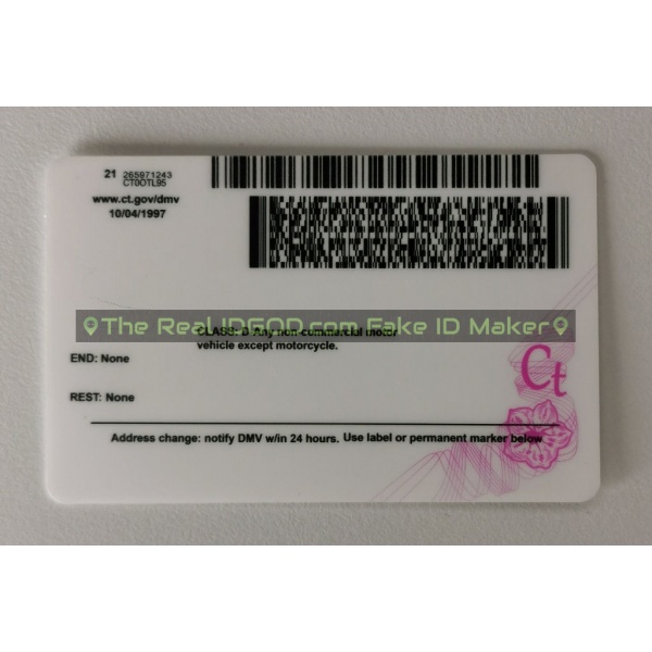 Connecticut scannable fake id card backside