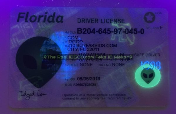 Florida fake id card ultraviolet ink design under blacklight