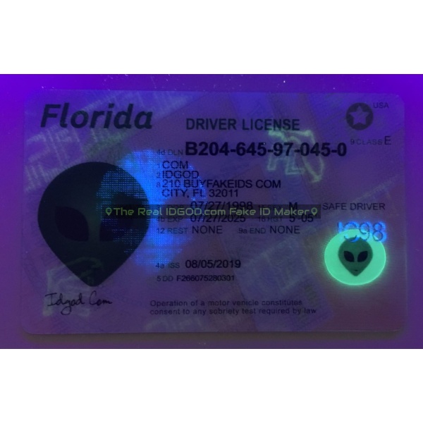 Florida fake id card ultraviolet ink design under blacklight