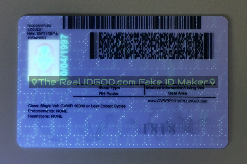 Illinois fake id card ultraviolet ink design under blacklight.