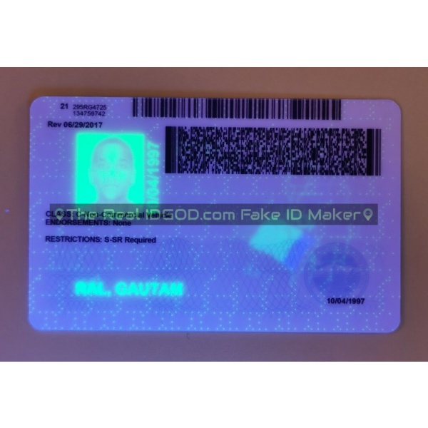 Iowa fake id card ultraviolet ink design under blacklight.