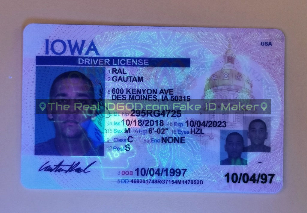 Iowa fake id card ultraviolet ink design under blacklight.