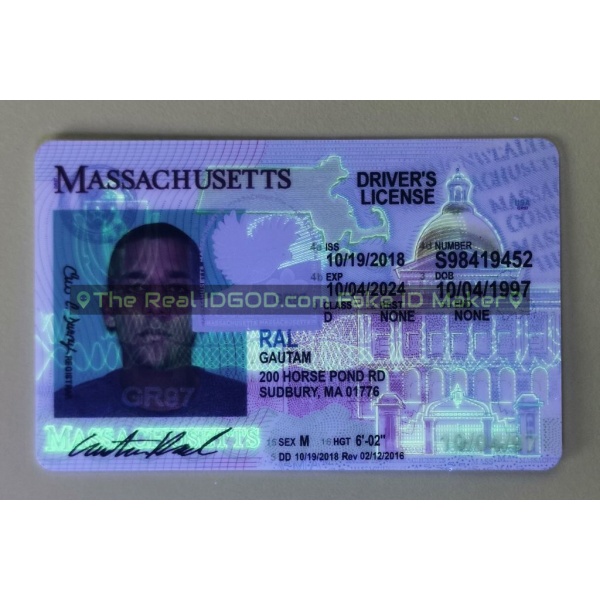Massachusetts fake id card ultraviolet ink design under blacklight.