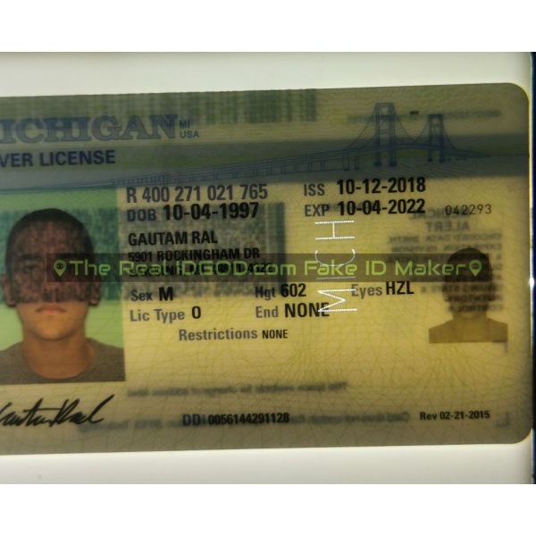 Michigan fake id perforated design with directed light to the back of card