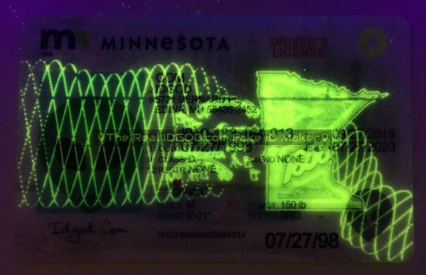 Minnesota fake id card ultraviolet ink design under blacklight.