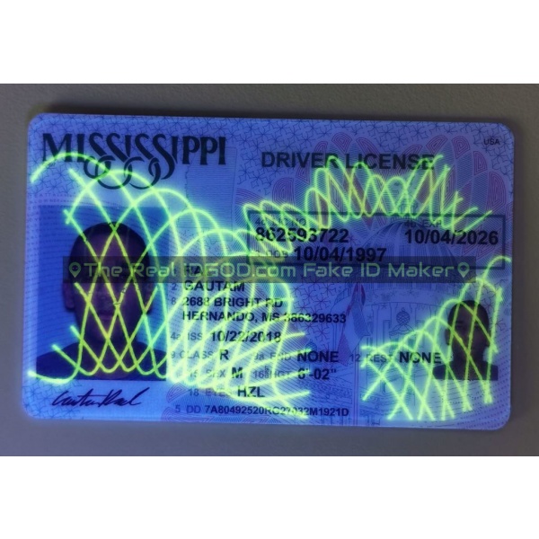 Mississippi fake id card ultraviolet ink design under blacklight.