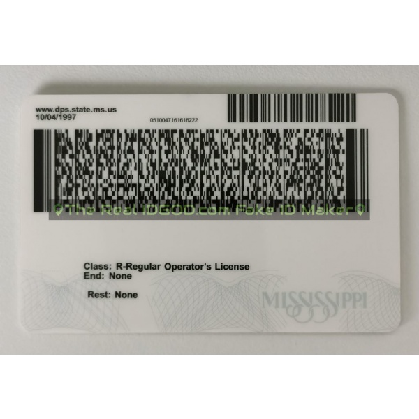 Mississippi scannable fake id card backside