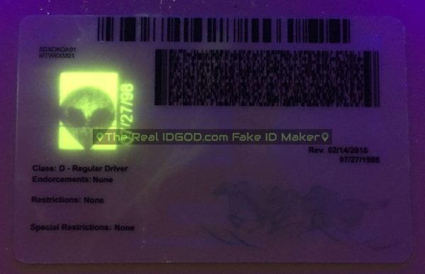 Montana fake id card ultraviolet ink design under blacklight.