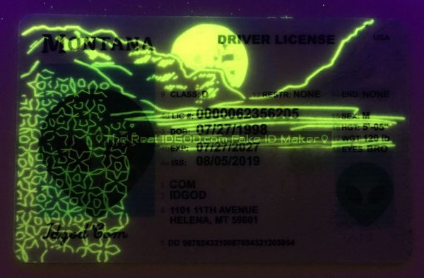Montana fake id card ultraviolet ink design under blacklight.