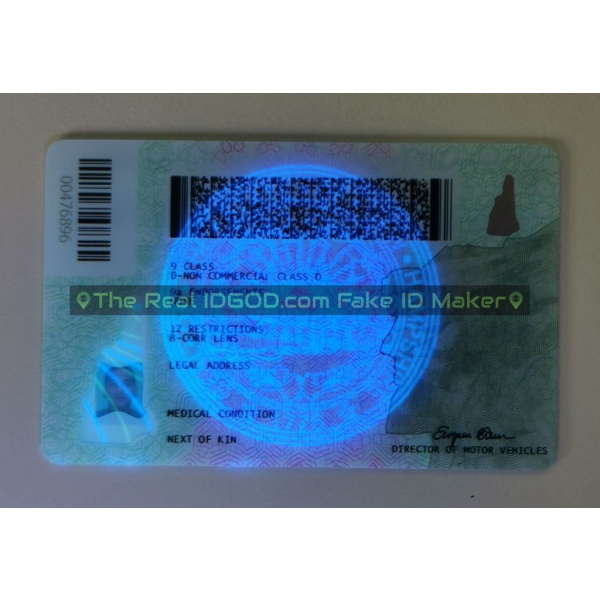 New Hampshire fake id card ultraviolet ink design under blacklight.
