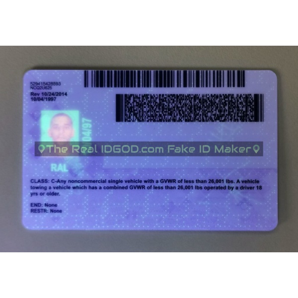 North Carolina fake id card ultraviolet ink design under blacklight.