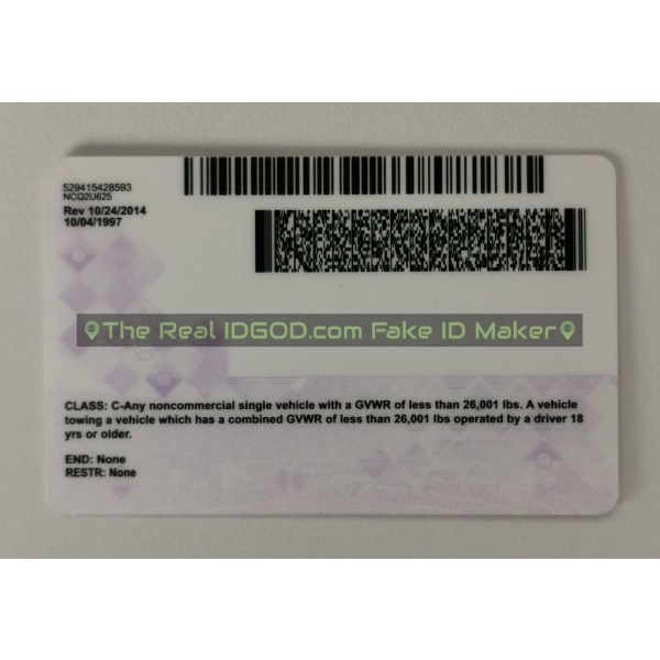 North Carolina scannable fake id card backside