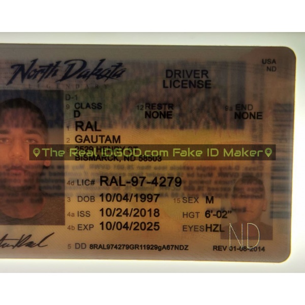 North Dakota fake id perforated design with directed light to the back of card
