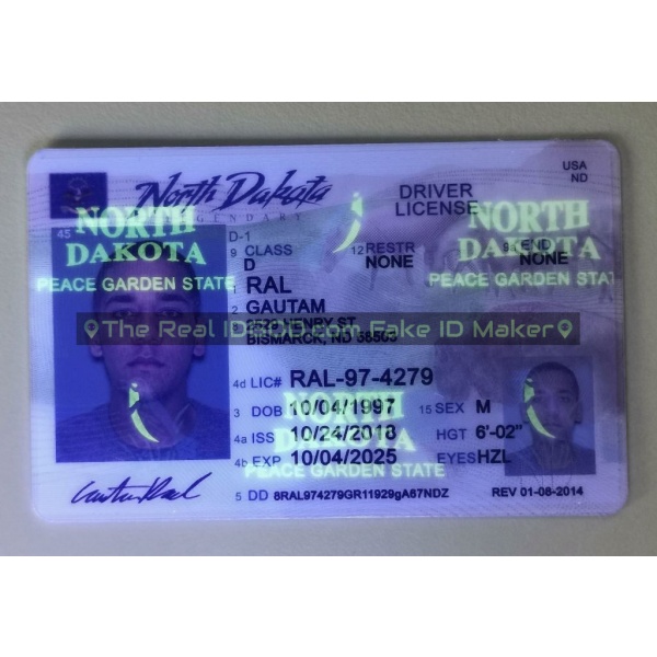 North Dakota fake id card ultraviolet ink design under blacklight.