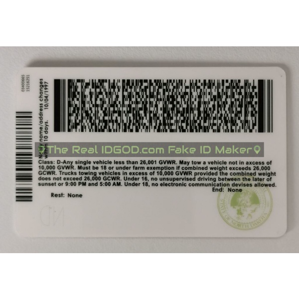 North Dakota scannable fake id card backside
