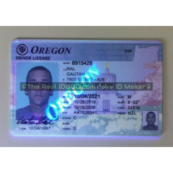 Oregon fake id card ultraviolet ink design under blacklight.