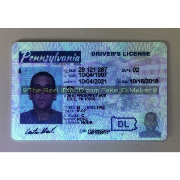 Pennsylvania fake id card ultraviolet ink design under blacklight.