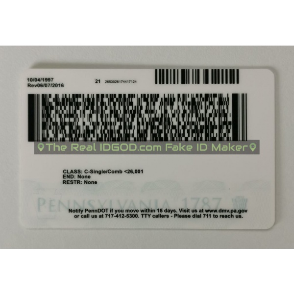 Pennsylvania scannable fake id card backside