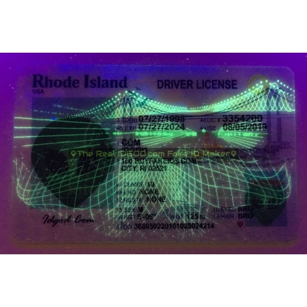 Rhode Island fake id card ultraviolet ink design under blacklight.