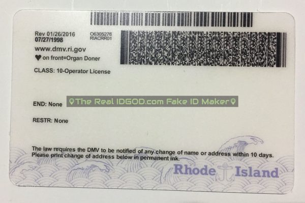 Rhode Island scannable fake id card barcode