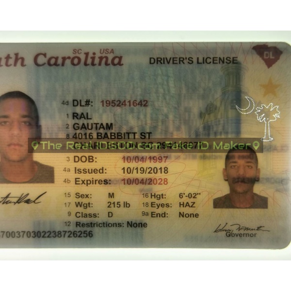 South Carolina fake id perforated design with directed light to the back of card