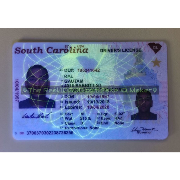 South Carolina fake id card ultraviolet ink design under blacklight.