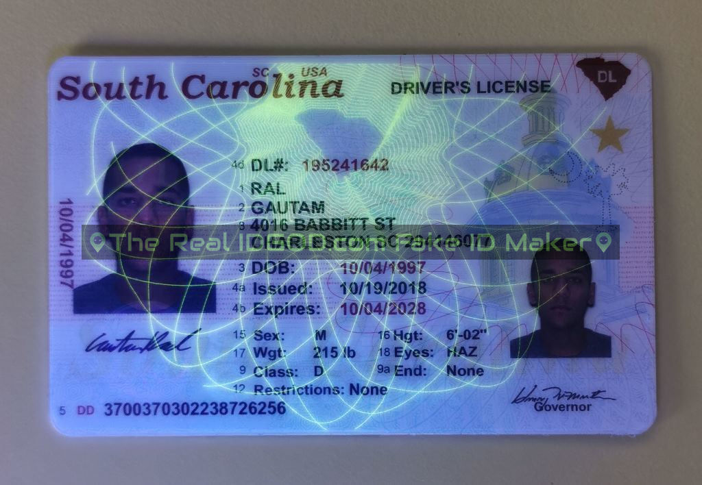 South Carolina fake id card ultraviolet ink design under blacklight.