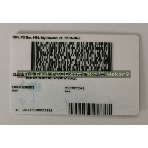 South Carolina scannable fake id card barcodes