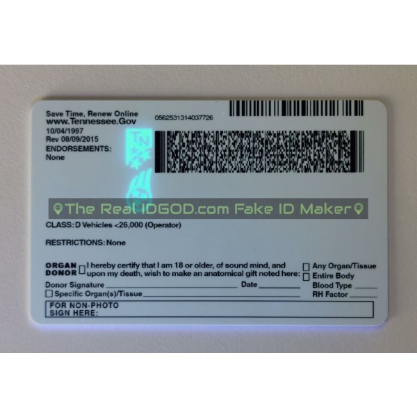 Tennessee fake id card ultraviolet ink design under blacklight.