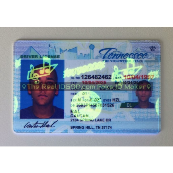 Tennessee fake id card ultraviolet ink design under blacklight.