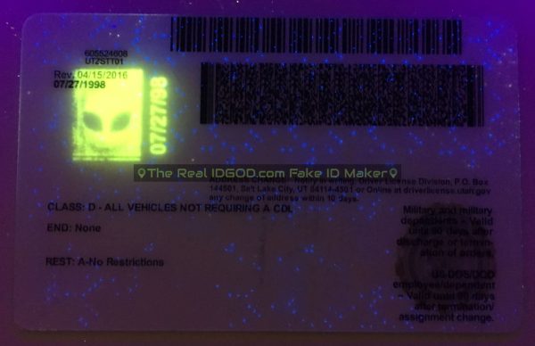 Utah fake id card ultraviolet ink design under blacklight.