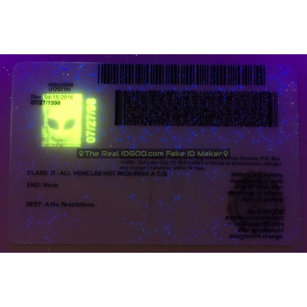 Utah fake id card ultraviolet ink design under blacklight.