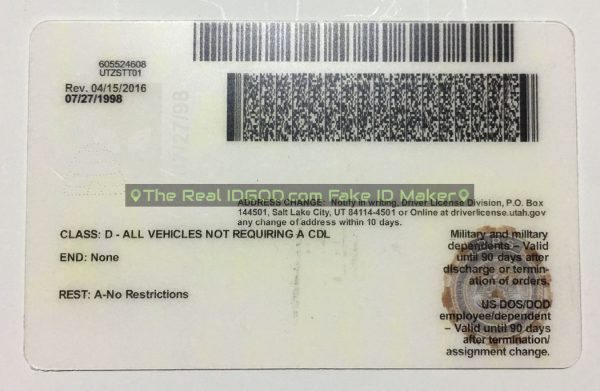 Utah scannable fake id card backside