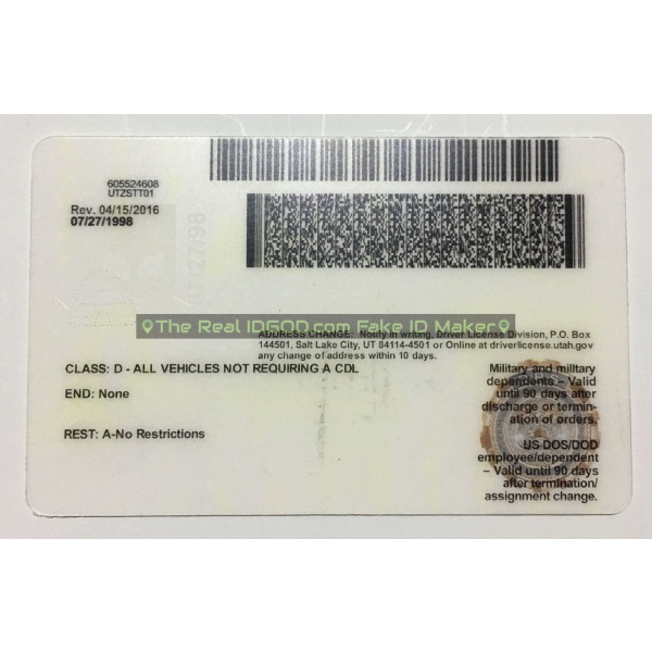 Utah scannable fake id card backside
