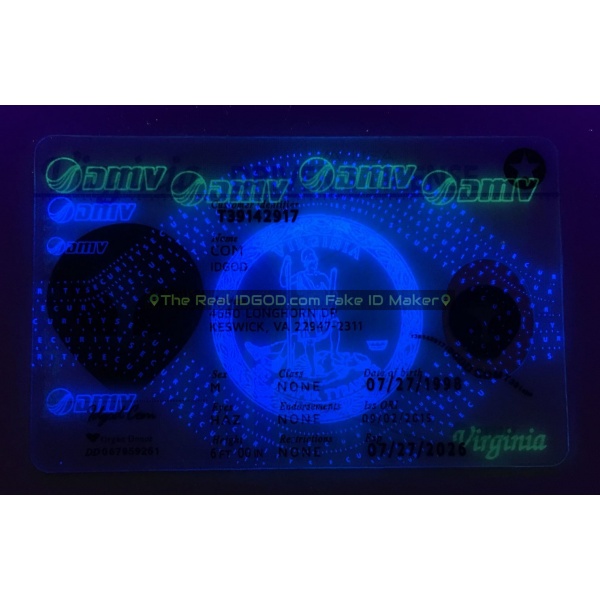Virginia fake id card ultraviolet ink design under blacklight.