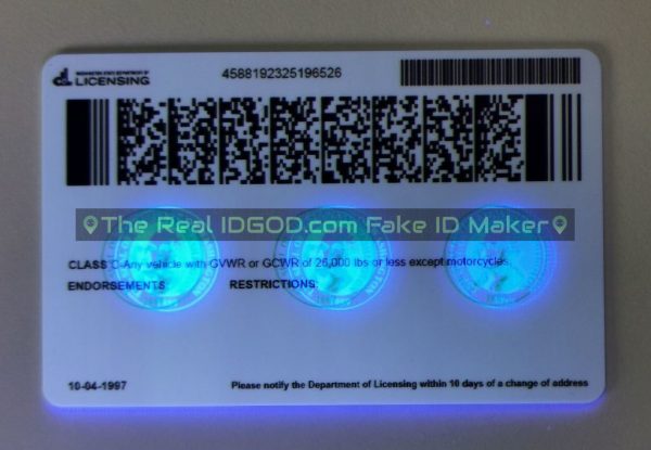 Washington fake id card ultraviolet ink design under blacklight.