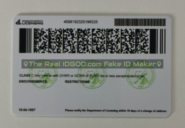 Washington scannable fake id card backside