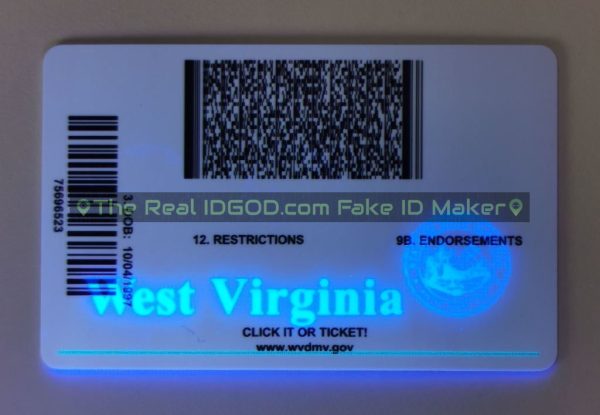 West Virginia fake id card ultraviolet ink design under blacklight.