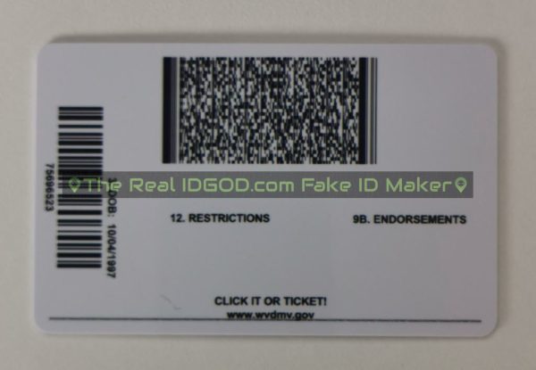 West Virginia scannable fake id card backside