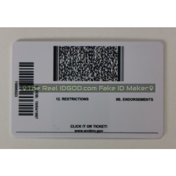 West Virginia scannable fake id card backside