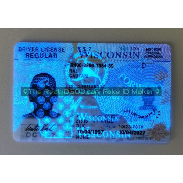 Wisconsin fake id card ultraviolet ink design under blacklight.