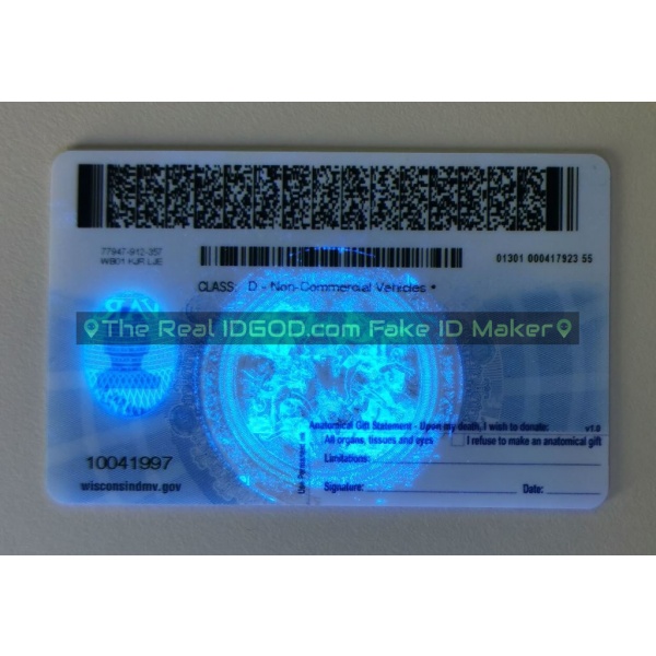 Wisconsin fake id card ultraviolet design under blacklight.